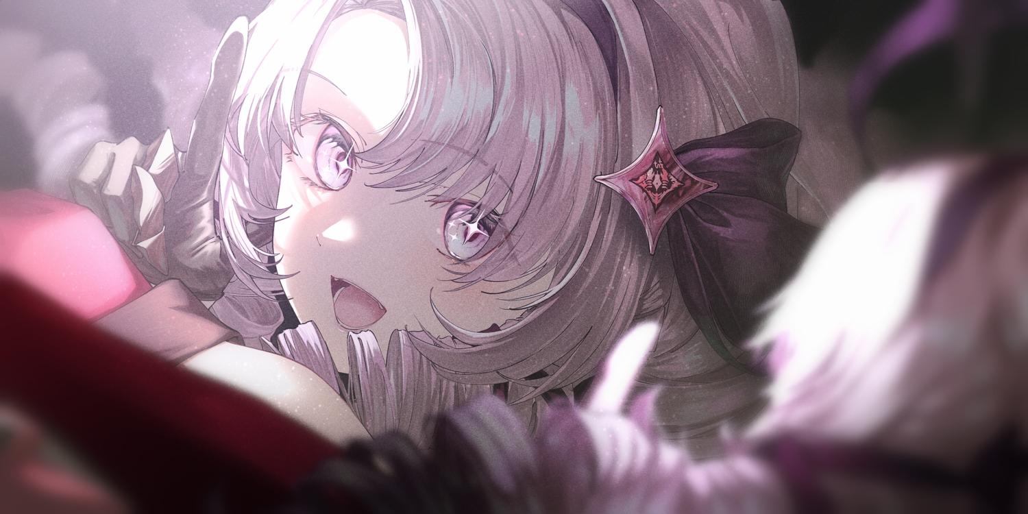 bow, close, gloves, hyakumantenbara_salome, kaede_(harutan109), nijisanji, purple_eyes