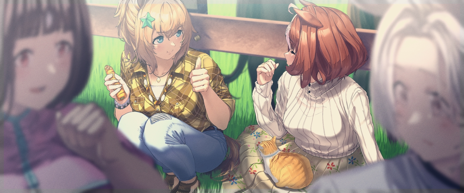 animal, animal_ears, anthropomorphism, cat, food, group, kaede_(harutan109), meisho_doto_(umamusume), taiki_shuttle_(umamusume), tail, uma_musume:_pretty_derby