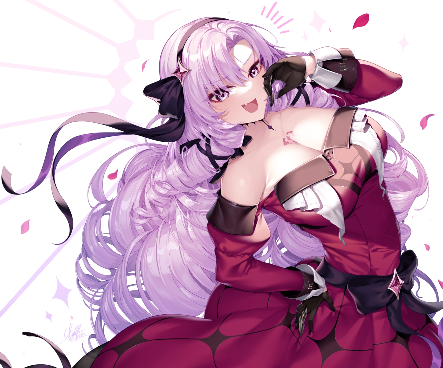 bow, breasts, cleavage, dress, fang, gloves, headband, hyakumantenbara_salome