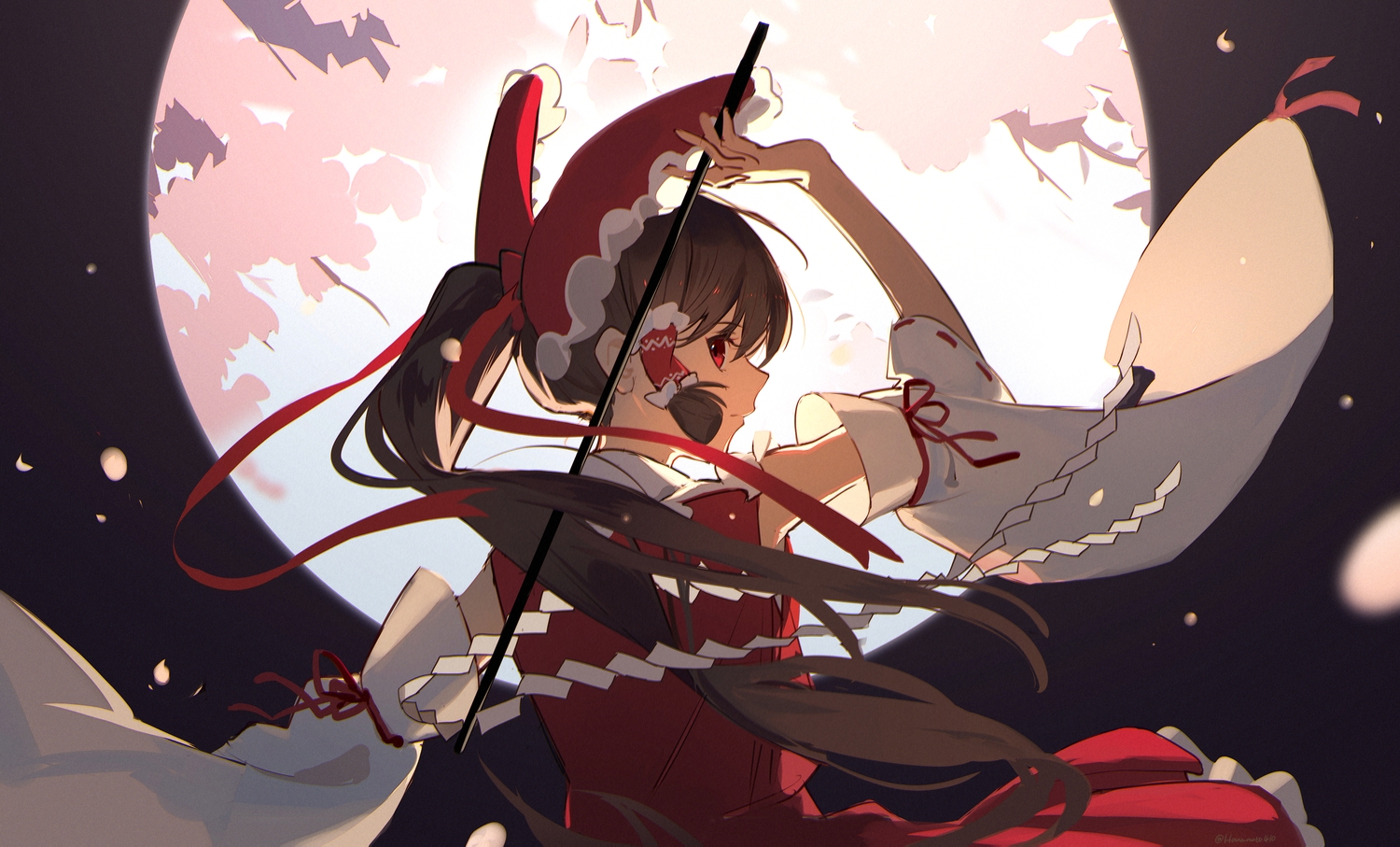hakurei_reimu, hua_ben_wuming, japanese_clothes, miko, moon, touhou