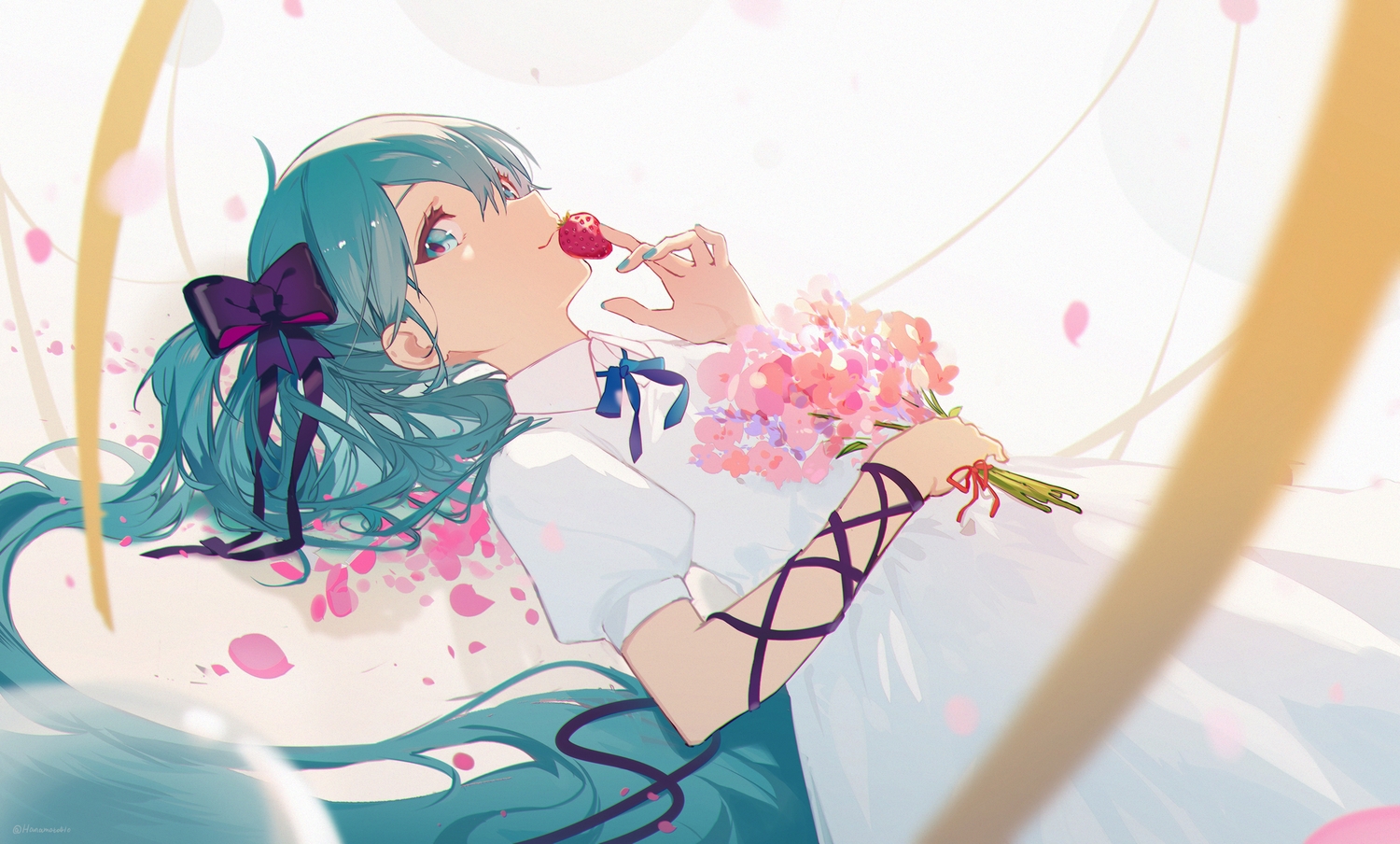 aqua_eyes, aqua_hair, bow, flowers, food, fruit, hatsune_miku, hua_ben_wuming