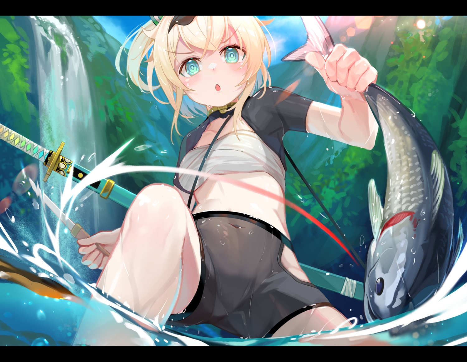 animal, bike_shorts, fish, hololive, katana, kazama_iroha, navel, sarashi