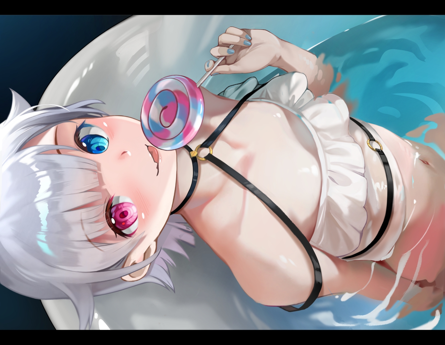 amemiya_nazuna, bicolored_eyes, blush, candy, flat_chest, gray_eyes, lollipop, navel, short_hair, swimsuit, vshojo, water, yoshikawa_hiro