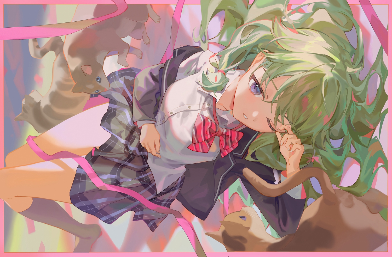 animal, cat, green_hair, hlymoriia, kusanagi_nene, project_sekai, purple_eyes, school_uniform, wink