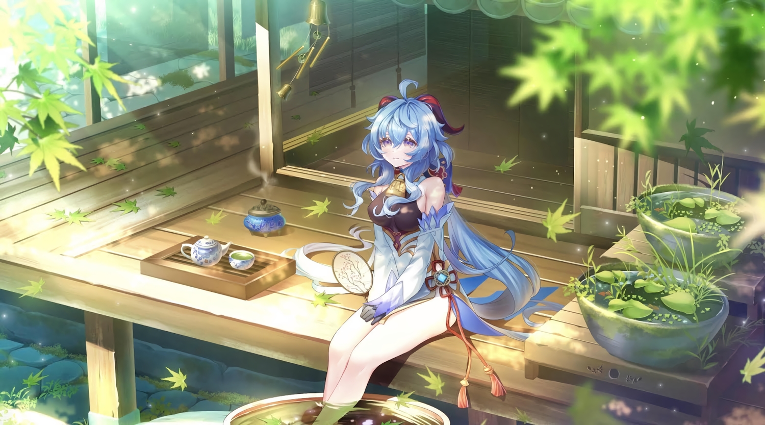 bell, blue_hair, drink, fan, ganyu_(genshin_impact), genshin_impact, gloves, horns