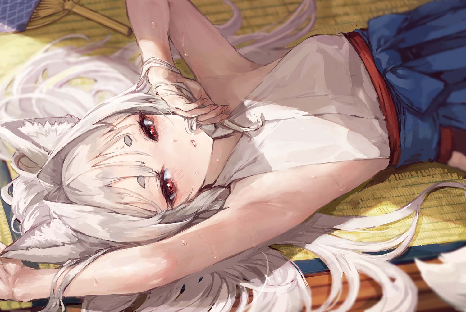 animal_ears, close, foxgirl, gray_hair, japanese_clothes, no_bra, original, red_eyes