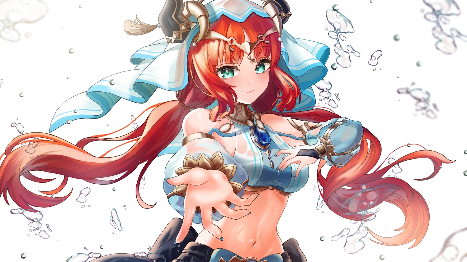 aqua_eyes, genshin_impact, headdress, horns, kinyouny, long_hair, navel, nilou_(genshin_impact), red_hair, see_through, twintails, water, wet, white