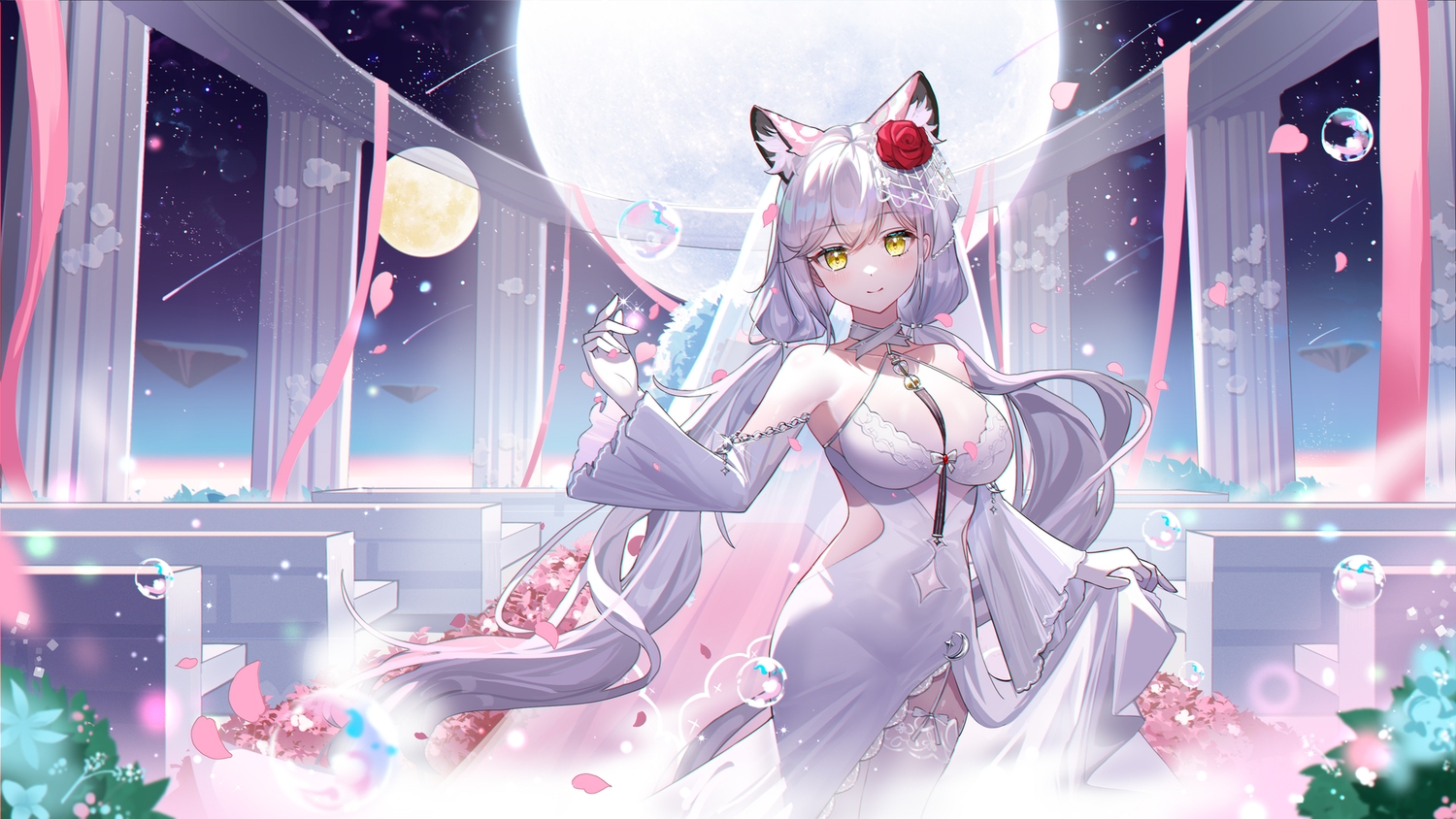 animal_ears, bubbles, dress, gloves, gray_hair, long_hair, moon, night