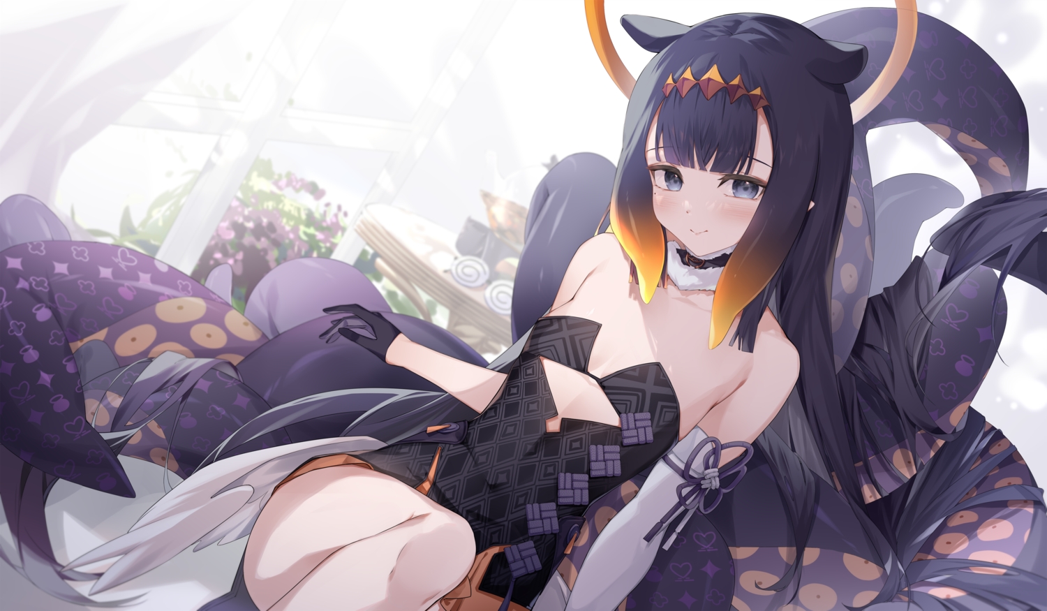blush, dress, flat_chest, gloves, halo, hololive, long_hair, ninomae_ina'nis, pointed_ears, pola_(1021), purple_hair, tentacles, wings