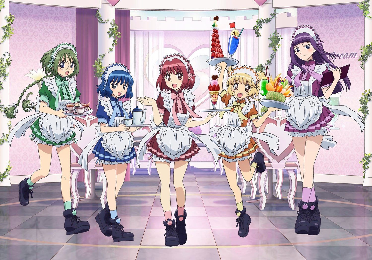 aizawa_mint, blonde_hair, blue_hair, fong_pudding, fujiwara_zakuro, glasses, green_hair, maid