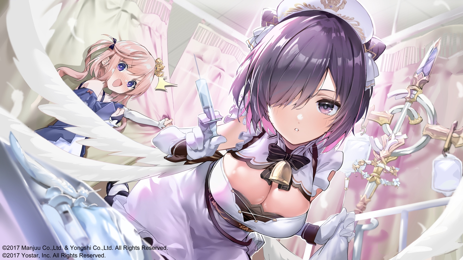 2girls, anthropomorphism, azur_lane, bell, bow, dress, ekakibito, elbow_gloves, gloves, hat, jervis_(azur_lane), juno_(azur_lane), nurse, pink_hair, purple_eyes, purple_hair, wings