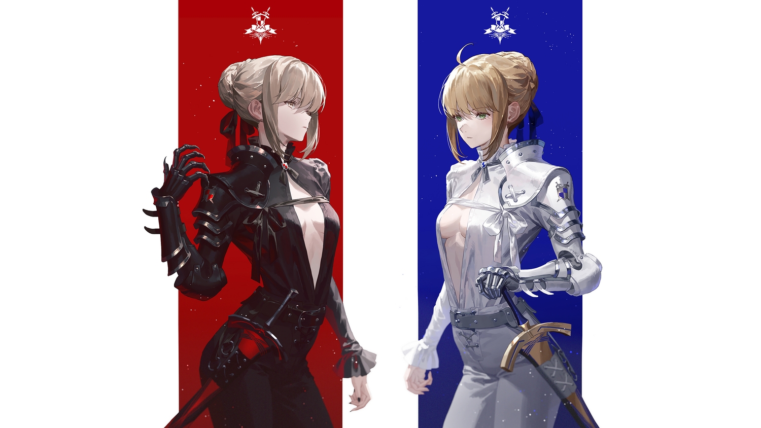 2girls, armor, artoria_pendragon_(all), blonde_hair, bow, braids, breasts, cleavage