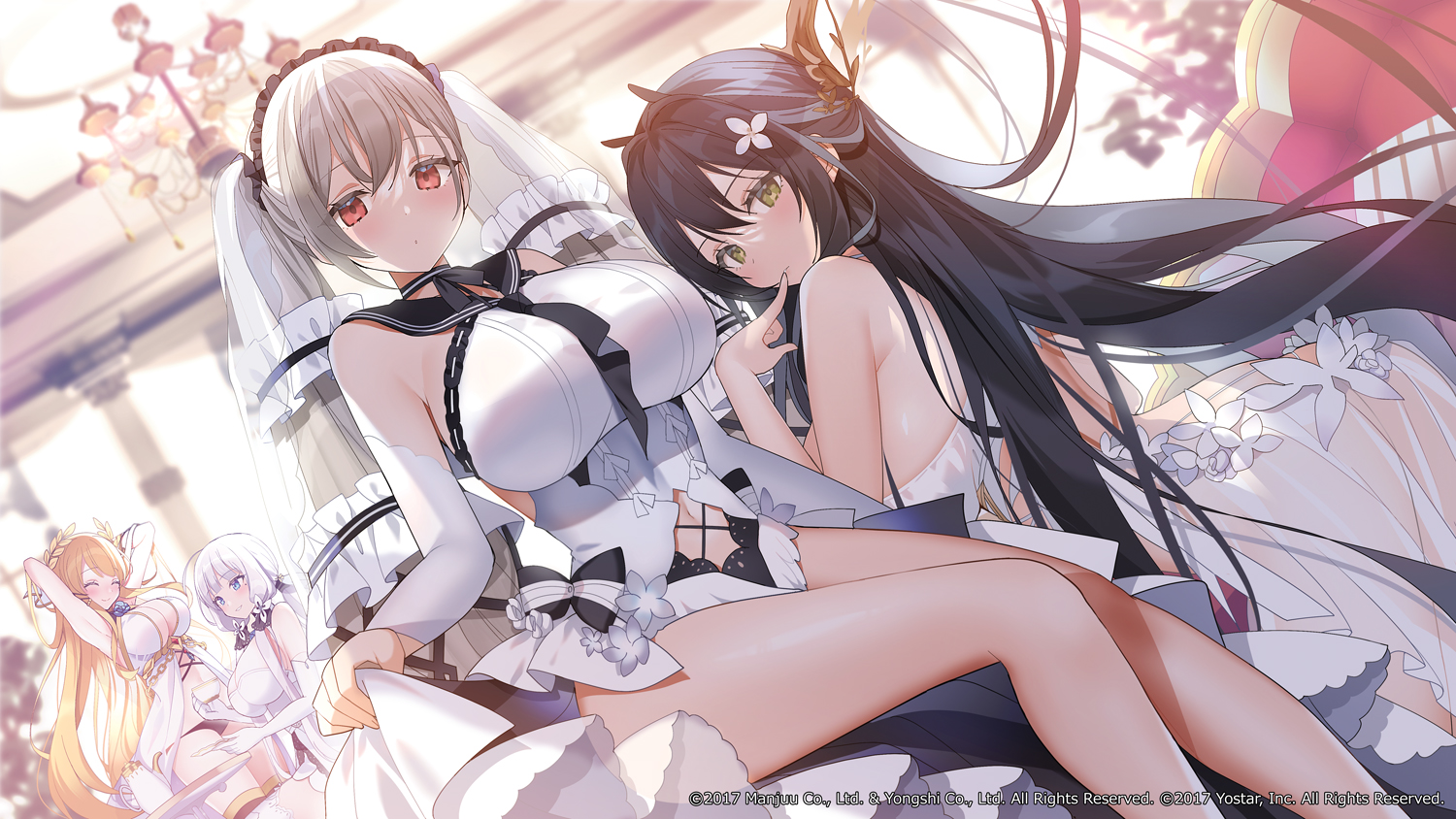anthropomorphism, ass, azur_lane, black_hair, blonde_hair, blush, breasts, dress