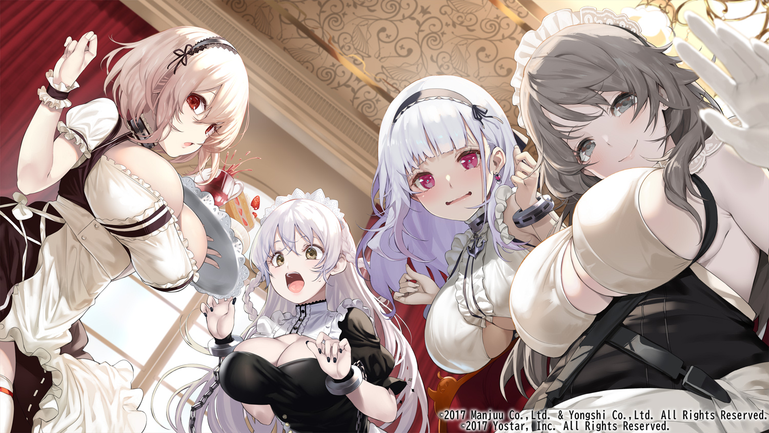 anthropomorphism, azur_lane, braids, breasts, brown_eyes, brown_hair, cake, charybdis_(azur_lane), cleavage, dido_(azur_lane), drink, food, fruit, gloves, gray_hair, group, headband, hermione_(azur_lane), long_hair, maid, red_eyes, sirius_(azur_lane), strawberry, thighhighs, yappen