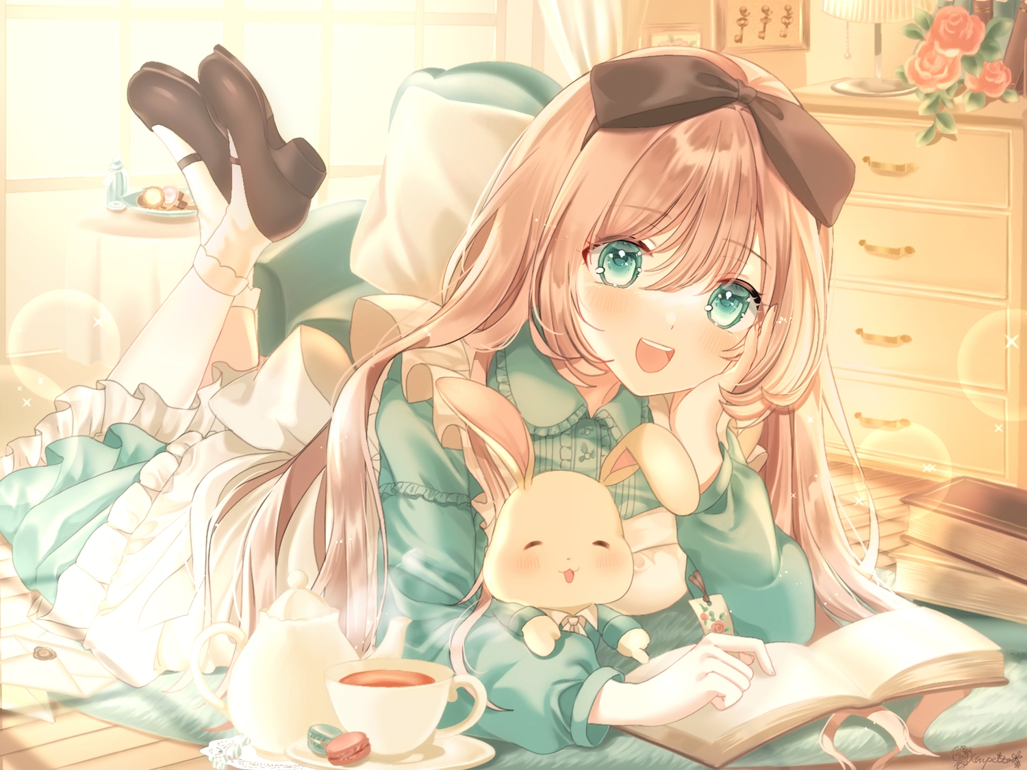 alice_in_wonderland, alice_(wonderland), aqua_eyes, bed, book, bow, brown_hair, drink, flowers, food, kompeitou_(lemon_garden), long_hair, maid, rose, signed