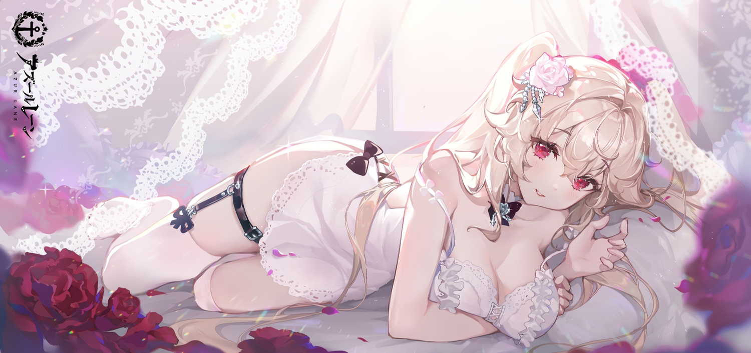 anchorage_(azur_lane), anthropomorphism, azur_lane, bed, blonde_hair, bow, breast_hold, breasts