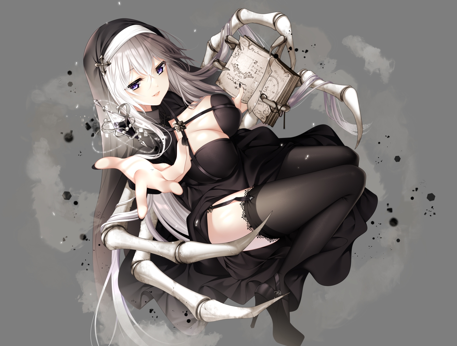bones, book, breasts, cleavage, cropped, dress, garter_belt, gray_hair, loading_(verjuice), long_hair, magic, nun, original, purple_eyes, stockings, transparent