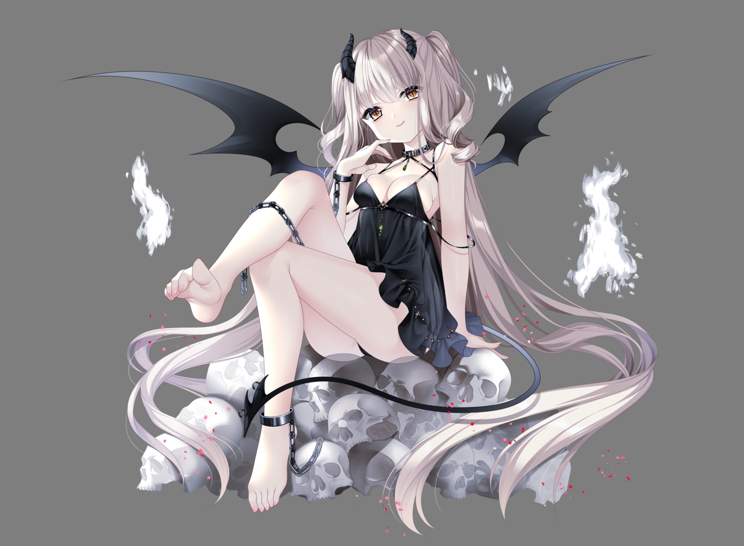 barefoot, breasts, brown_eyes, chain, cleavage, collar, demon, dress, fire, gray_hair, horns, loading_(verjuice), long_hair, magic, original, shackles, sideboob, skull, tail, transparent, twintails, wings, wristwear