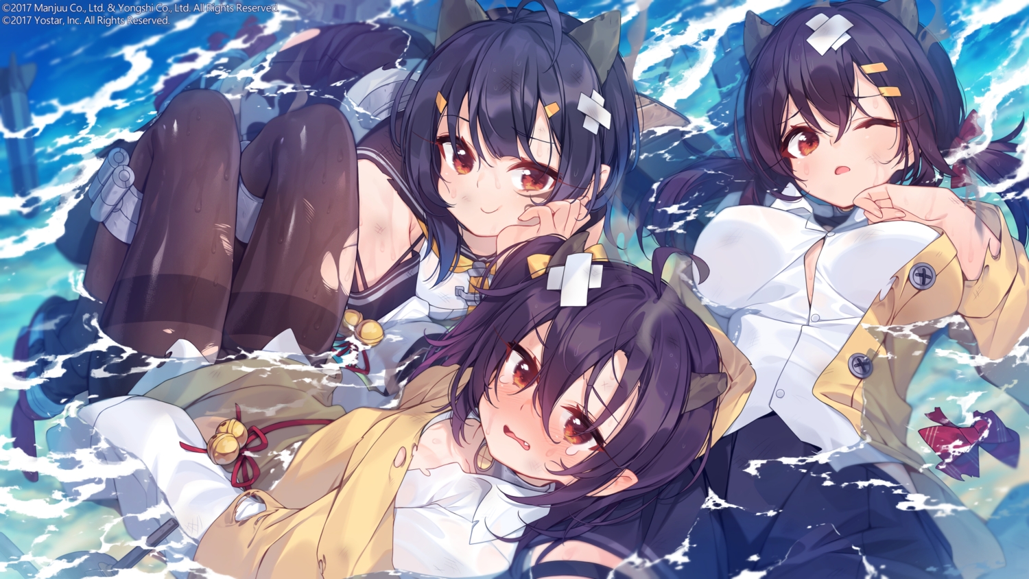 abukuma_(azur_lane), anthropomorphism, azur_lane, bandage, black_hair, blush, fang, horns