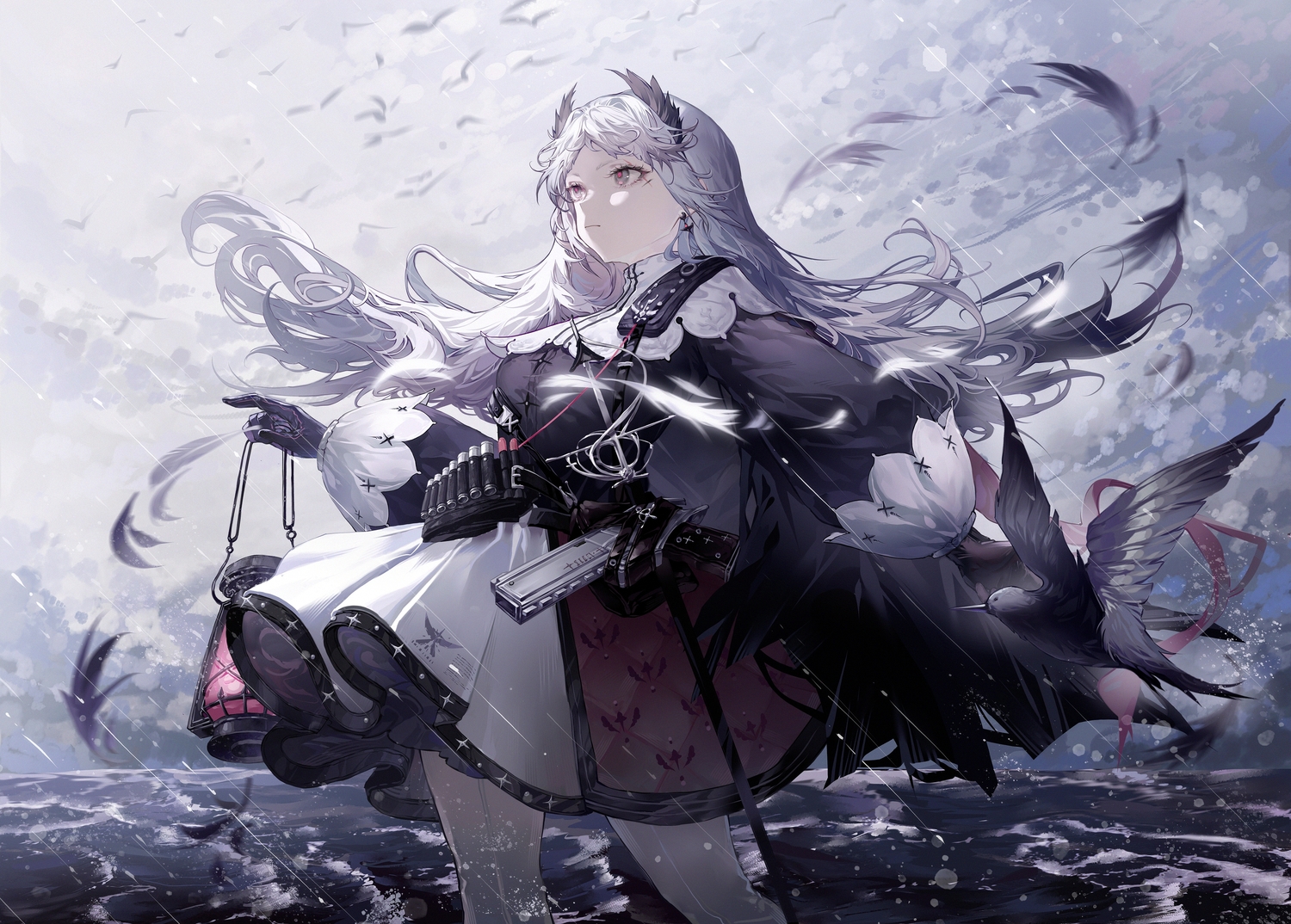 animal, arknights, bird, feathers, gray_eyes, gray_hair, gun, irene_(arknights), ranol1215, weapon