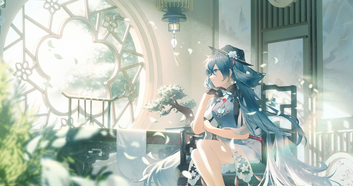 blue_eyes, blue_hair, chinese_clothes, chinese_dress, dress, gloves, hat, hatsune_miku, leaves, long_hair, ranol1215, vocaloid
