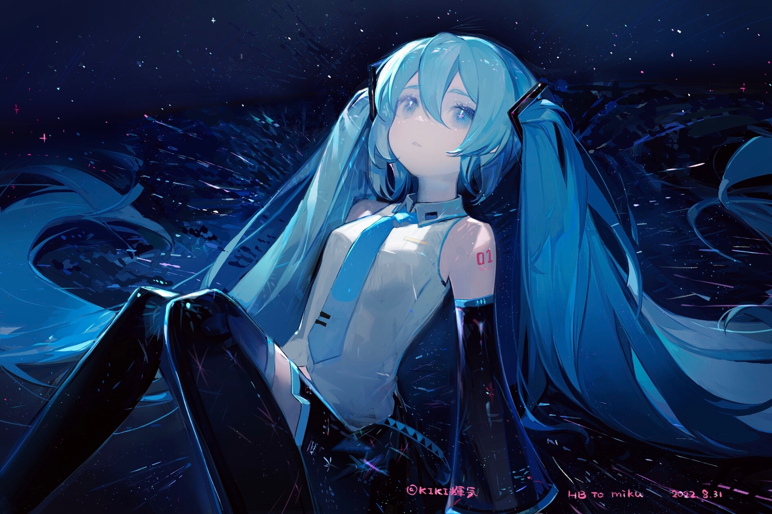 aqua_eyes, aqua_hair, blue, hatsune_miku, kikihuihui, long_hair, polychromatic, signed, tie, twintails, vocaloid, zettai_ryouiki