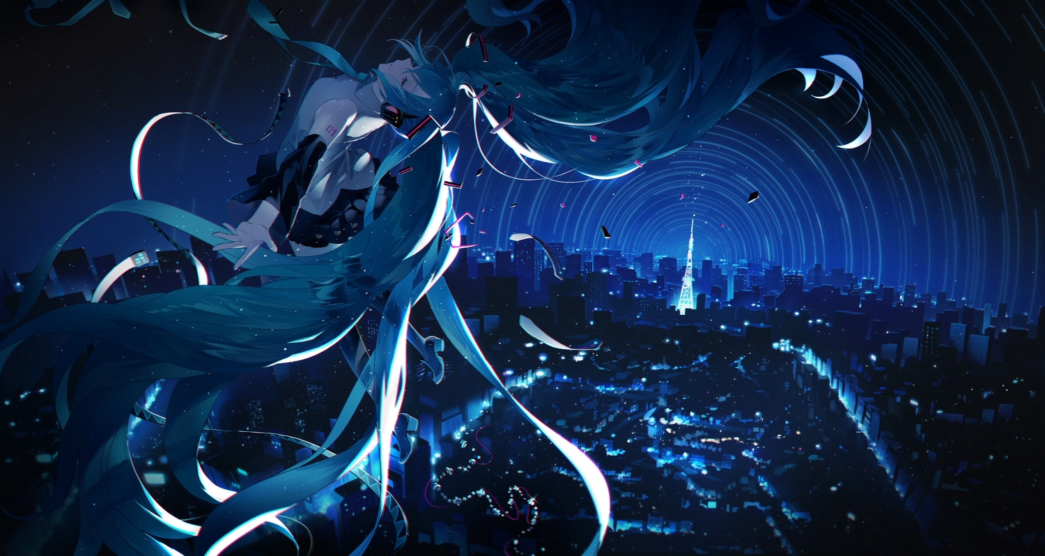 building, city, hamuna_(hamuna_86), hatsune_miku, headphones, long_hair, night, sky, stars, tie, twintails, vocaloid