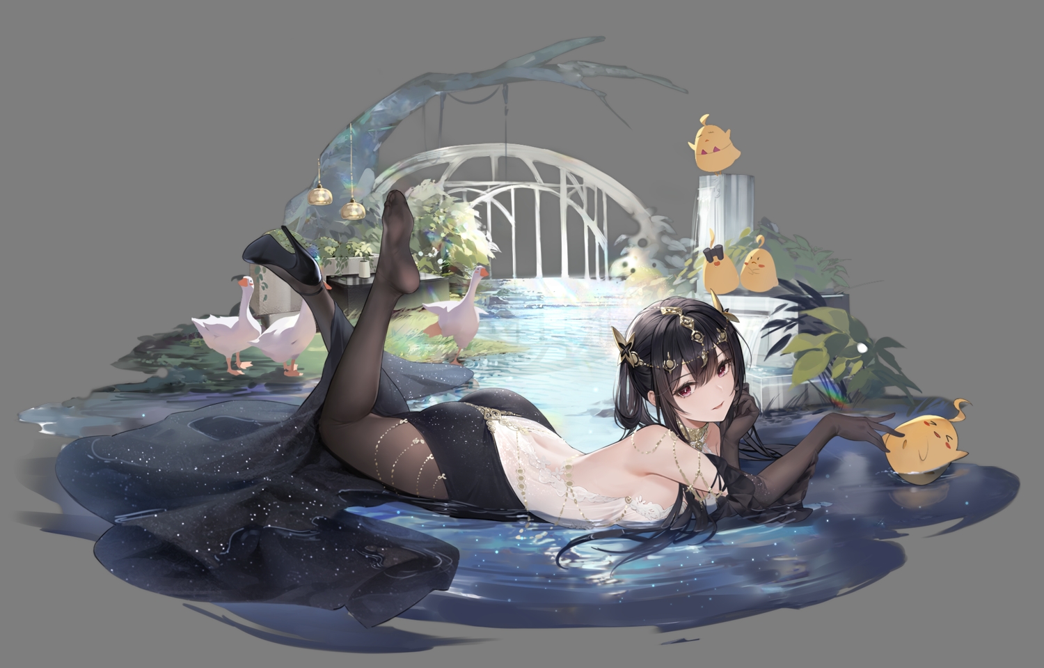 animal, anthropomorphism, ass, azur_lane, bird, black_hair, chen_hai_(azur_lane), dress, elbow_gloves, gloves, gujianshaonu, long_hair, manjuu_(azur_lane), pantyhose, purple_eyes, transparent, water