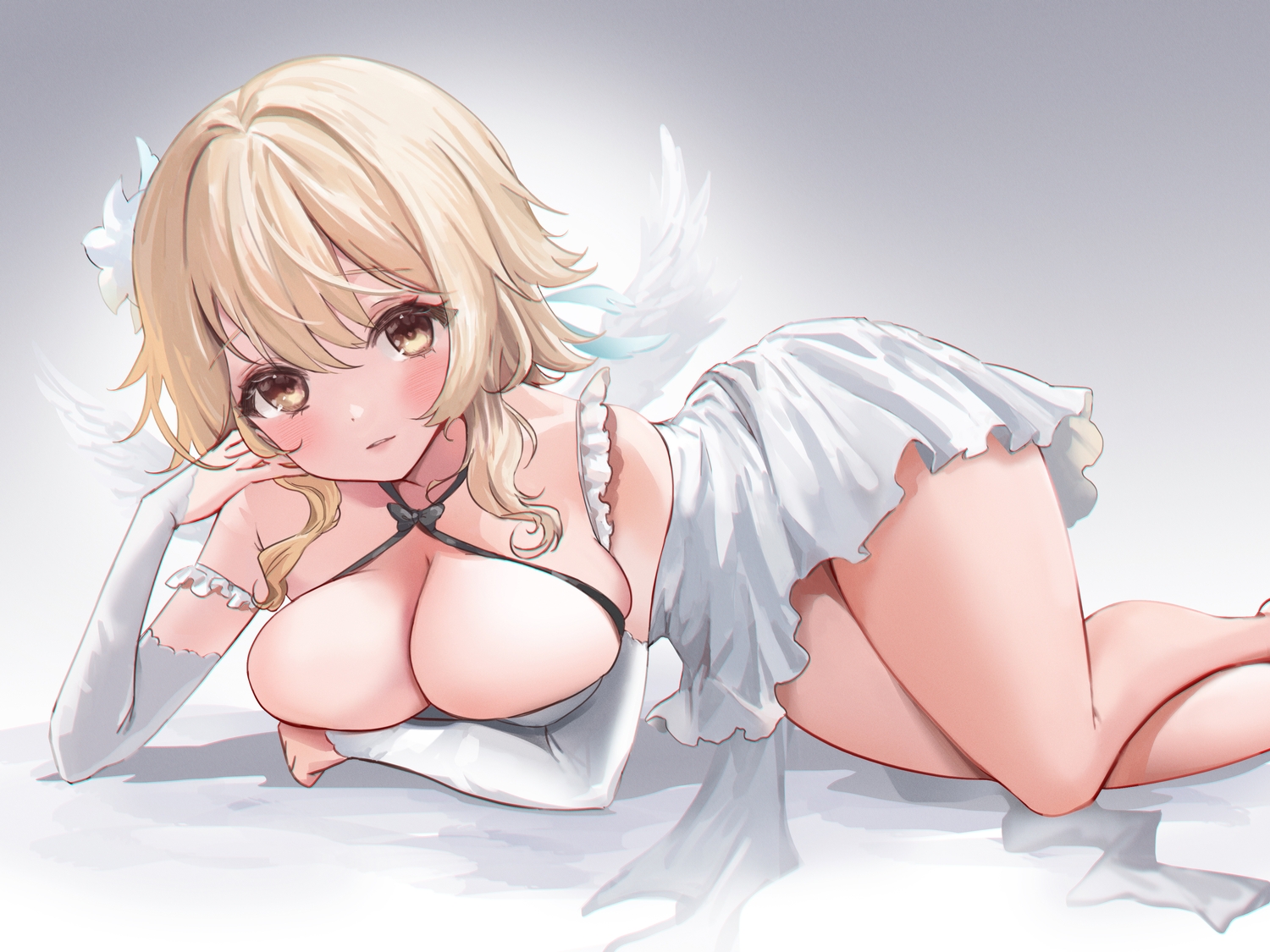 ash_(cat7evy), blonde_hair, blush, breast_hold, breasts, cleavage, dress, genshin_impact, gradient, lumine_(genshin_impact), no_bra, short_hair, wings, yellow_eyes