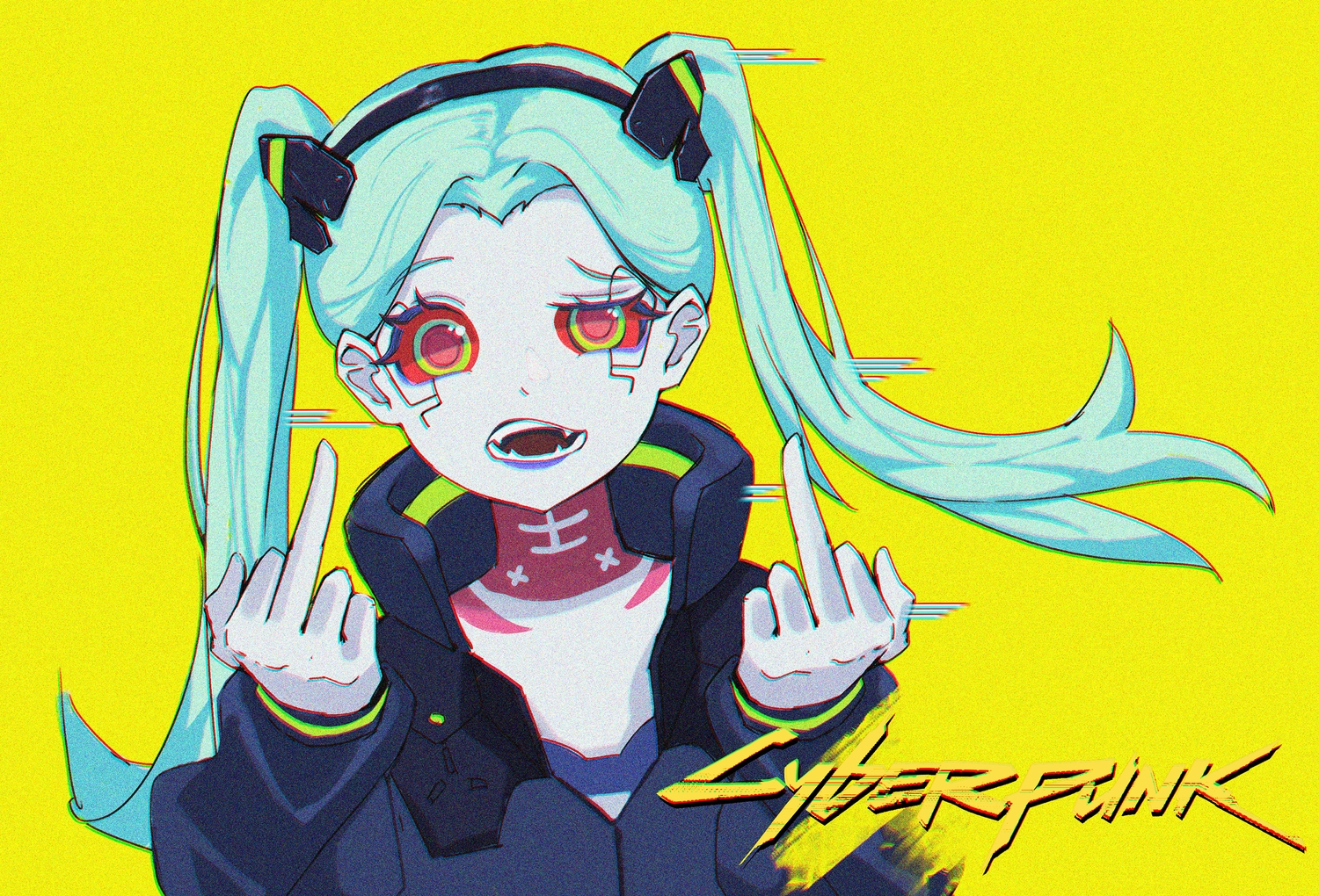 aqua_hair, cyberpunk_2077, cyberpunk:_edgerunners, fang, headband, logo, long_hair, rebecca_(cyberpunk)