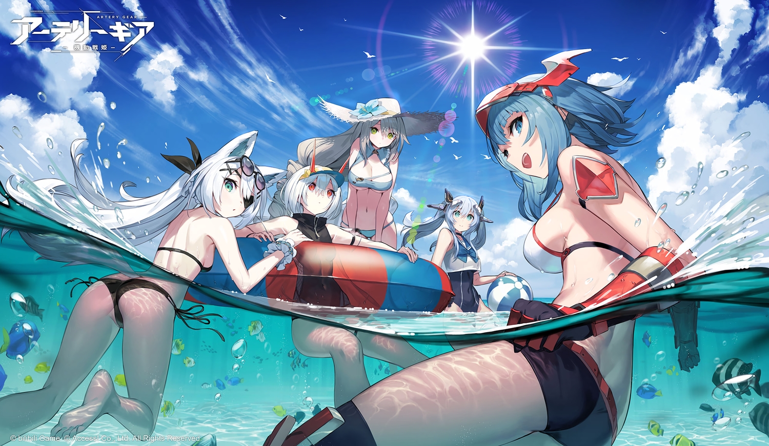 ainezu, animal, animal_ears, armor, artery_gear, ass, ball, barefoot, bikini, blue_eyes, blue_hair, breasts, cleavage, clouds, elbow_gloves, eyepatch, fish, glasses, gloves, gray_hair, green_eyes, group, hat, headdress, logo, long_hair, red_eyes, short_hair, sky, sunglasses, swim_ring, swimsuit, tagme_(character), twintails, water, white_hair, wristwear