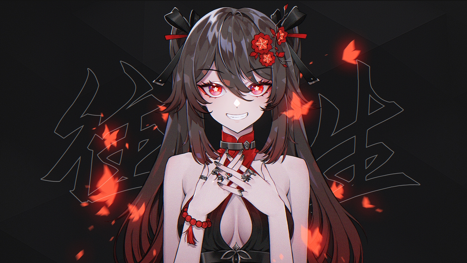 black, breasts, brown_hair, genshin_impact, hu_tao_(genshin_impact), long_hair, red_eyes, twintails, wristwear, xdcstc