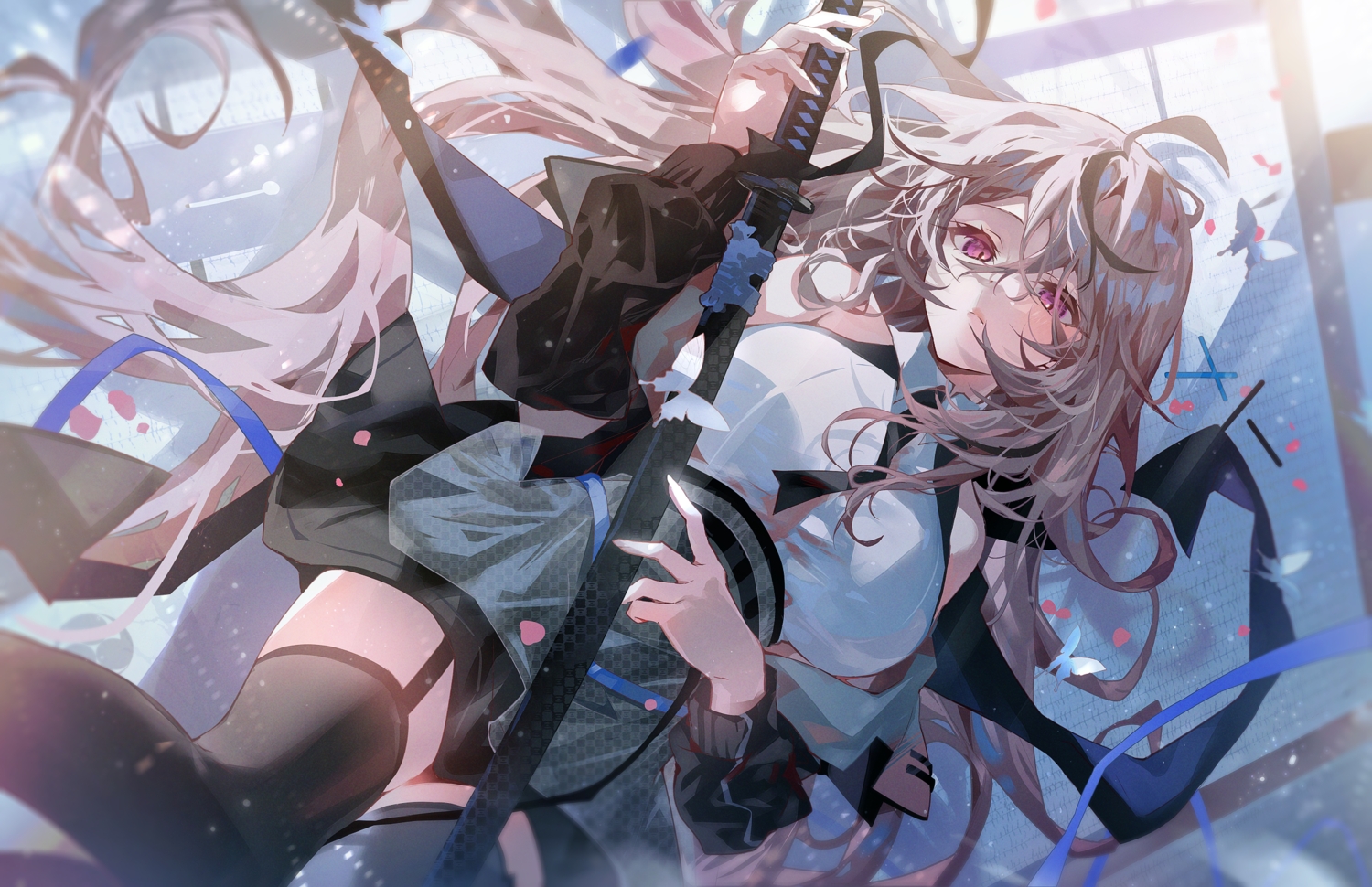 aruterra, brown_hair, garter_belt, katana, long_hair, purple_eyes, ribbons, sbi_e-sports, shunsui_rei, skirt, stockings, sword, tie, weapon, zettai_ryouiki