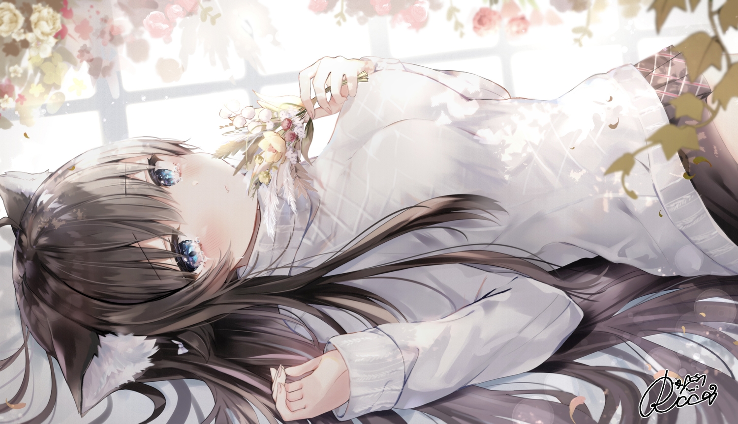 animal_ears, blue_eyes, brown_hair, catgirl, flowers, long_hair, original, rucaco