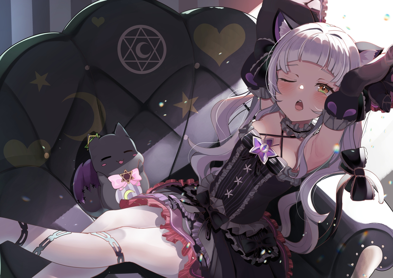 elroud0050, goth-loli, gray_hair, hololive, lolita_fashion, long_hair, murasaki_shion, pantyhose, wink, yellow_eyes