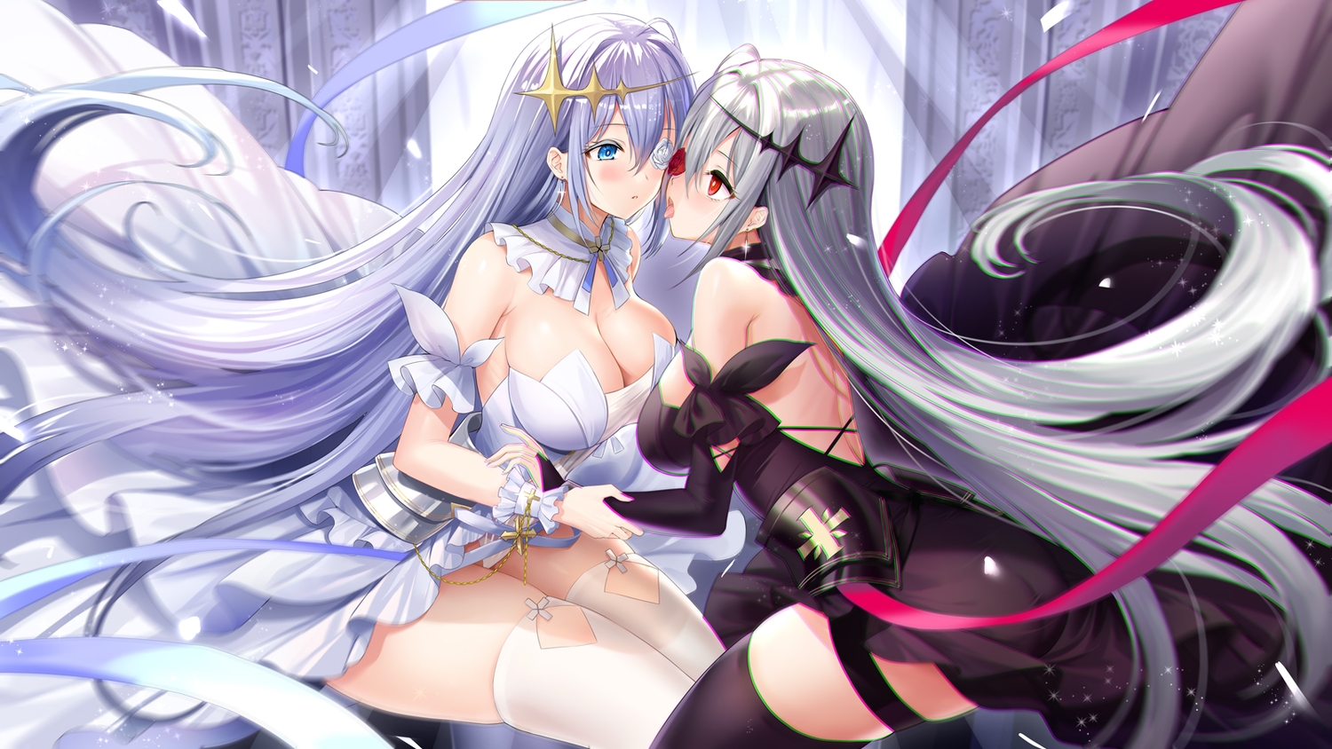 2girls, anthropomorphism, armor, azur_lane, blue_eyes, blush, breasts, cleavage