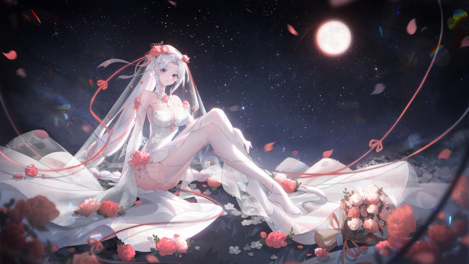 ao_la_xing, braids, flowers, gray_hair, headdress, long_hair, moon, night, rose, sky, stars, stockings, wedding, zuo600