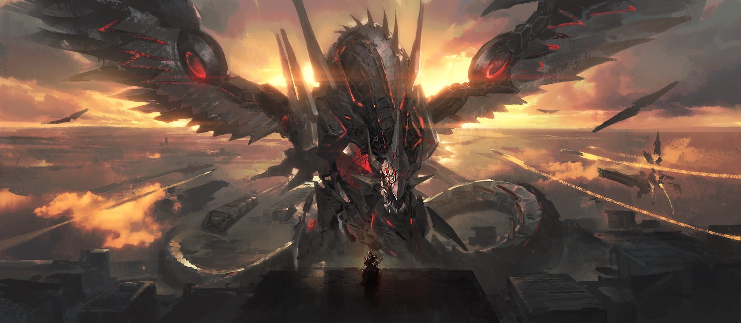 all_male, clouds, cyber_dragon_infinity, dragon, leo-dont-want-to-be-a-painter, male, polychromatic, sky, sunset, yu-gi-oh