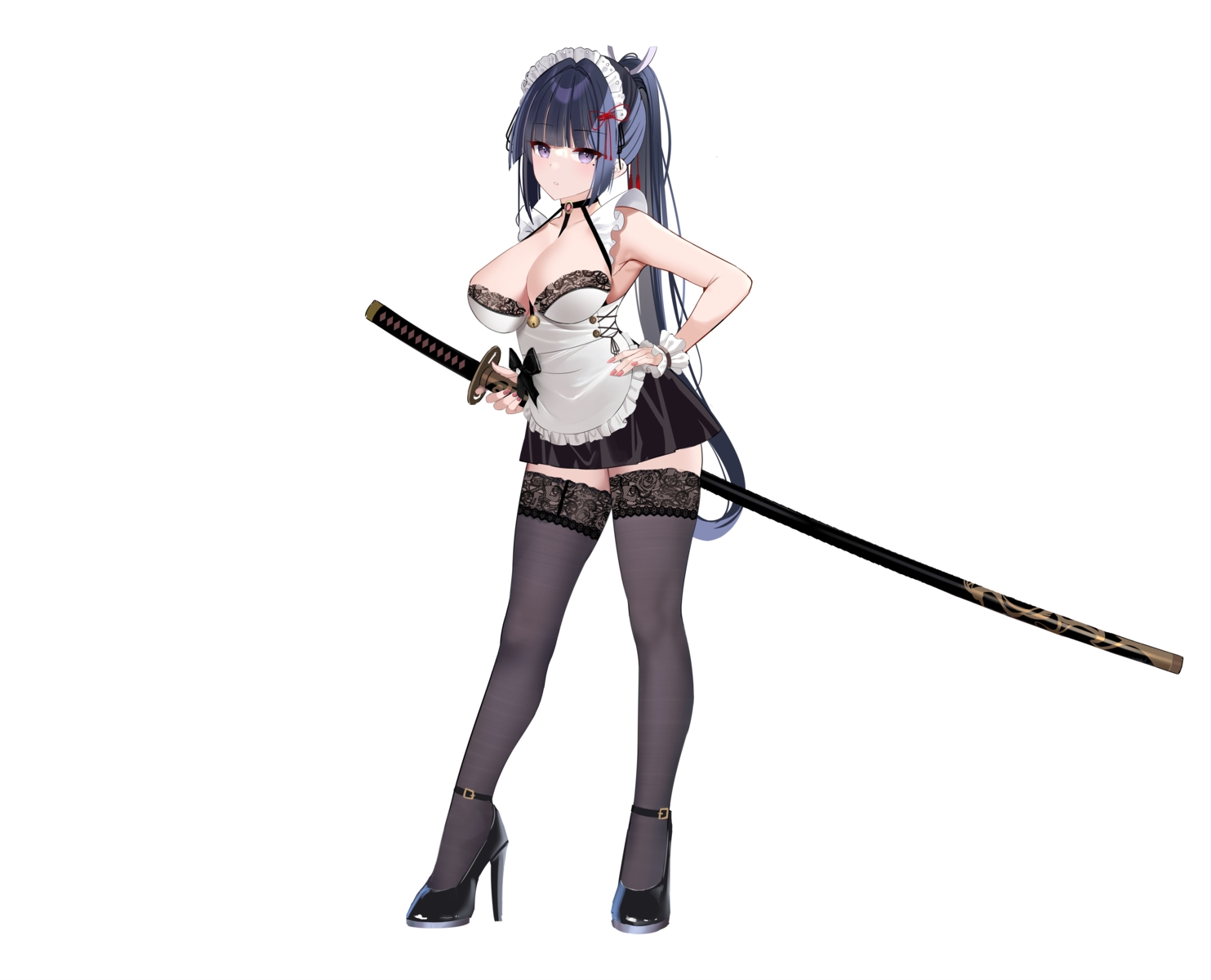 breasts, choker, cleavage, headband, katana, maid, muka_tsuku, original