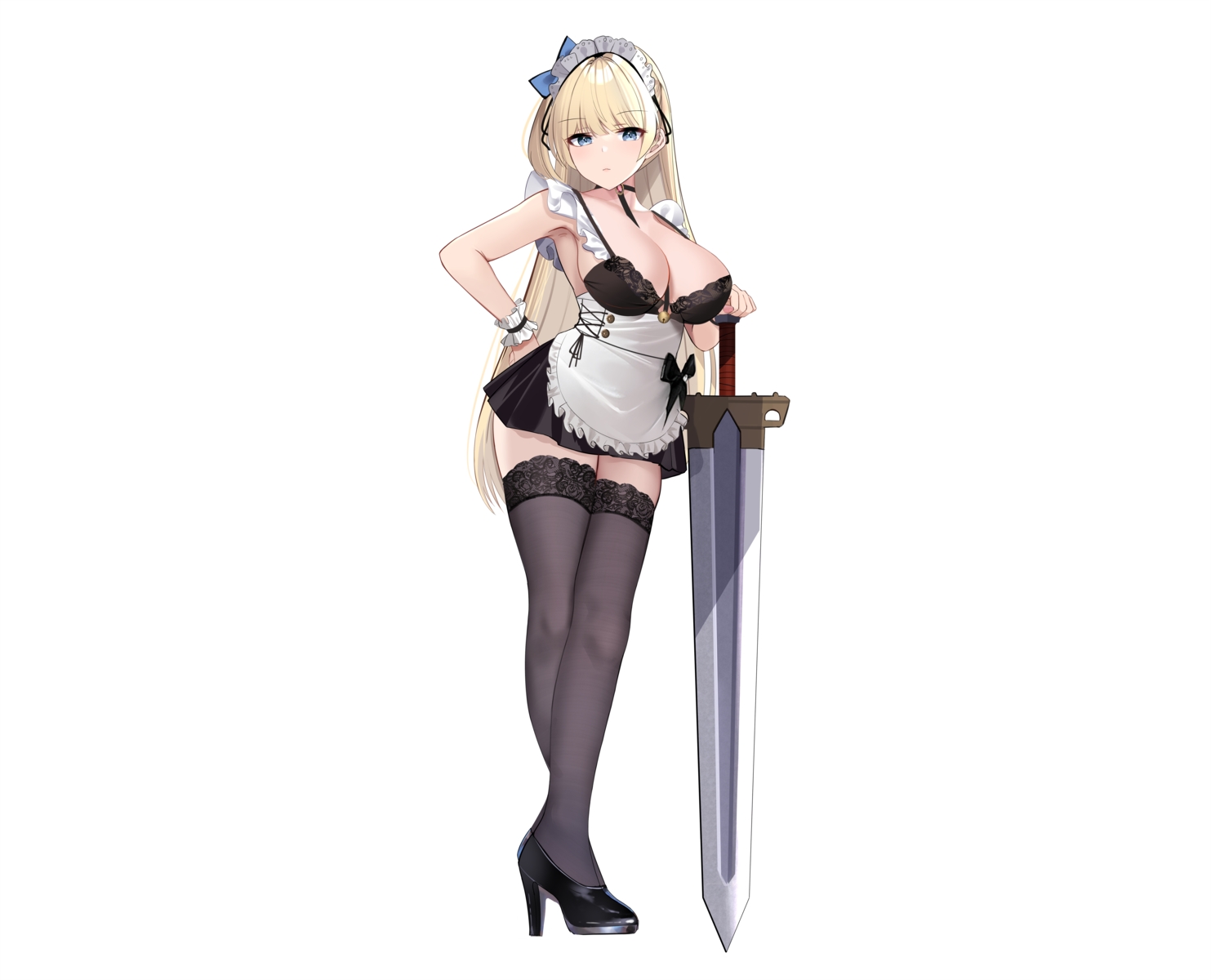 blonde_hair, blue_eyes, breasts, choker, cleavage, headband, long_hair, maid