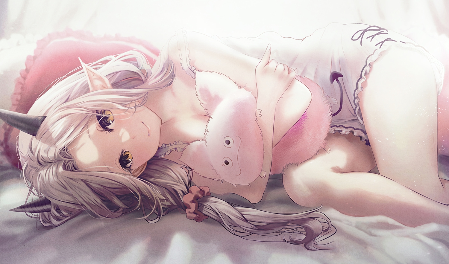 bed, brown_eyes, dragon_quest, dragon_quest_x, estella_(dq10), gray_hair, horns, kurono_mitsuki, long_hair, pointed_ears, twintails, waifu2x