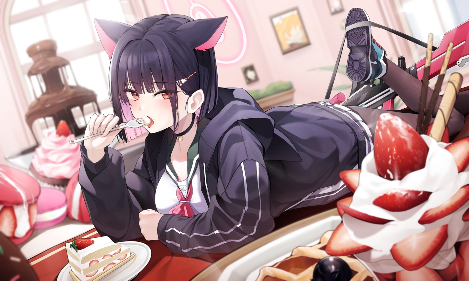 animal_ears, blue_archive, blush, cake, catgirl, chocolate, choker, ddangbi, food, fruit, gun, hood, kyouyama_kazusa, pantyhose, purple_hair, school_uniform, skirt, strawberry, weapon