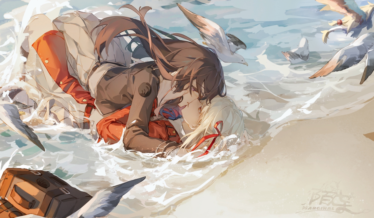 2girls, animal, beach, bird, brown_hair, dress, inoue_takina, kiss