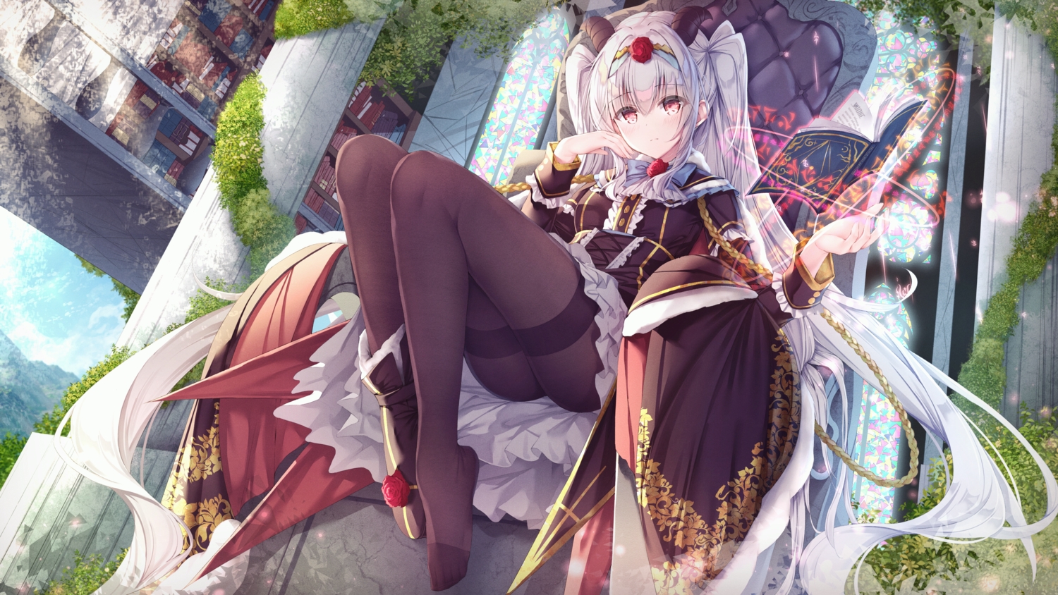 book, goth-loli, gray_hair, headband, lolita_fashion, long_hair, magic, manman_manyou_haiyang_de_paomo