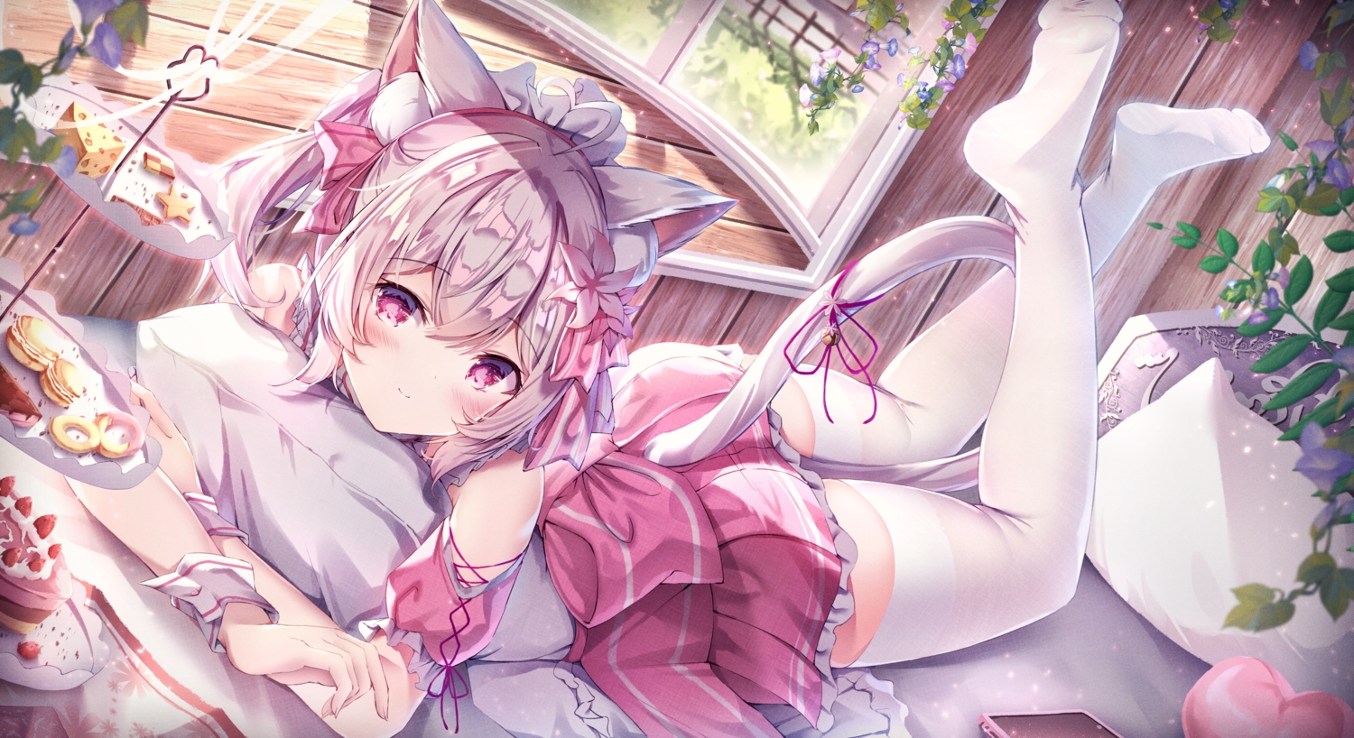 animal_ears, bed, blush, bow, cake, catgirl, food, fruit, leaves, lolita_fashion, manman_manyou_haiyang_de_paomo, original, pink_eyes, pink_hair, short_hair, skirt, strawberry, tail, thighhighs, zettai_ryouiki