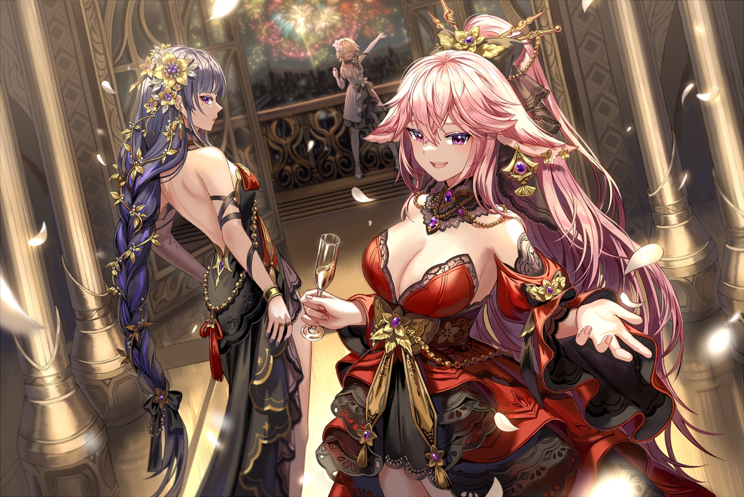 animal_ears, blonde_hair, braids, dress, fireworks, foxgirl, genshin_impact, long_hair, lumine_(genshin_impact), pink_hair, ponytail, purple_eyes, raiden_shogun, silence_girl, yae_miko