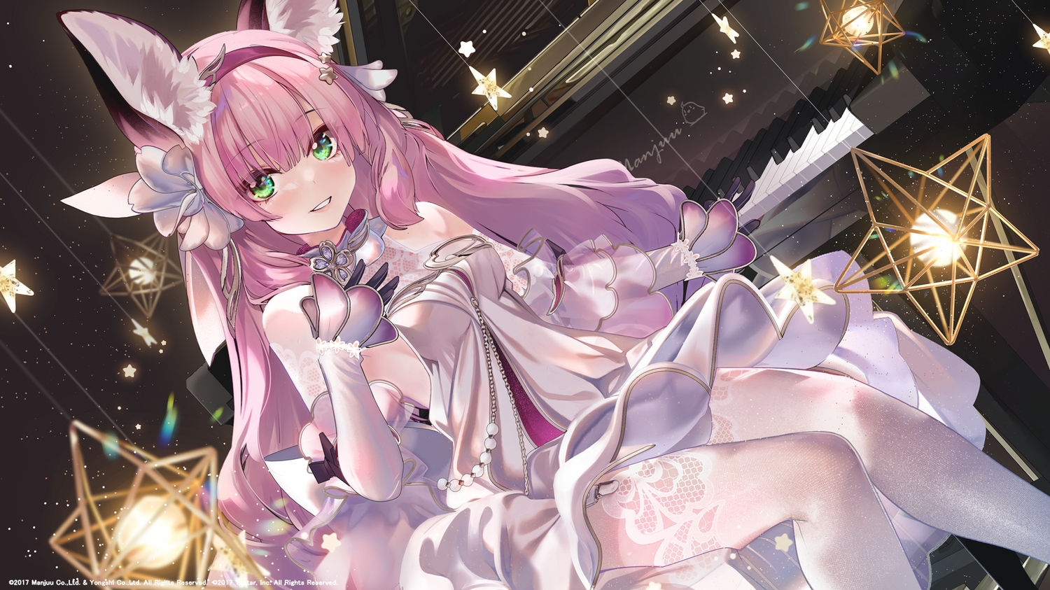 animal_ears, anthropomorphism, azur_lane, dress, foxgirl, gloves, green_eyes, hanazuki_(azur_lane)