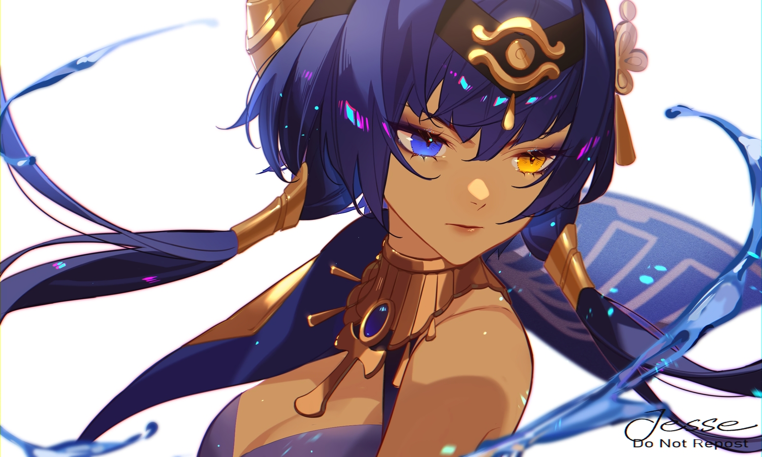 bicolored_eyes, blue_hair, breasts, candace_(genshin_impact), choker, cleavage, close, cross
