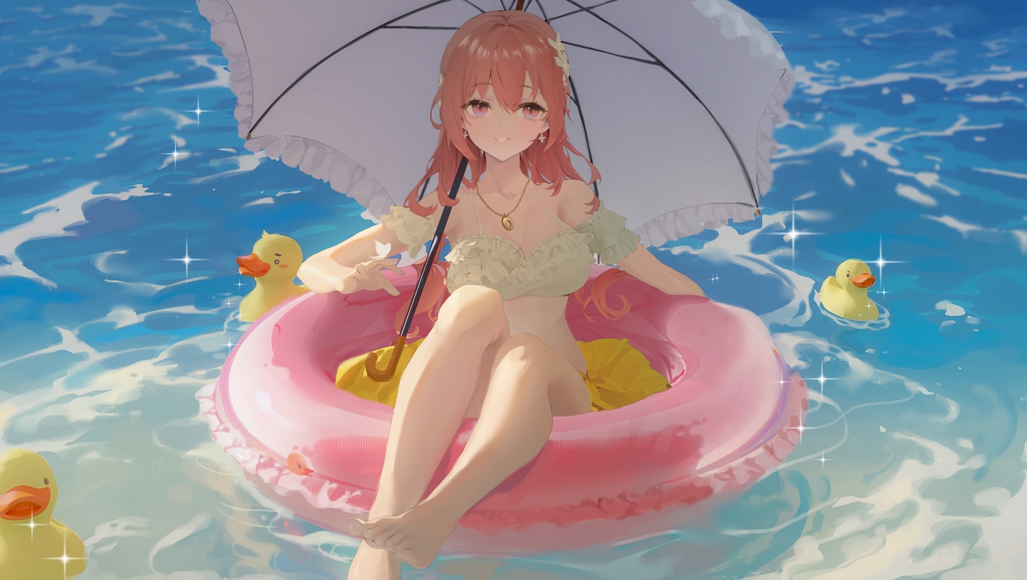 brown_eyes, brown_hair, dingding_(chongsangjun), inui_shinju, long_hair, necklace, rubber_duck, sono_bisque_doll_wa_koi_wo_suru, umbrella, water