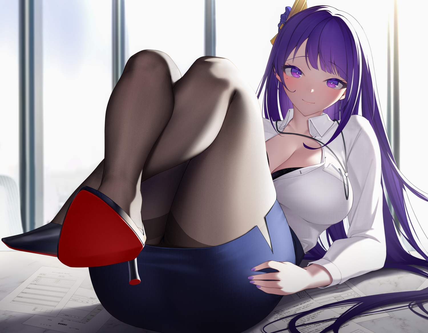 bra, breasts, cleavage, cropped, genshin_impact, long_hair, pantyhose, purple_eyes
